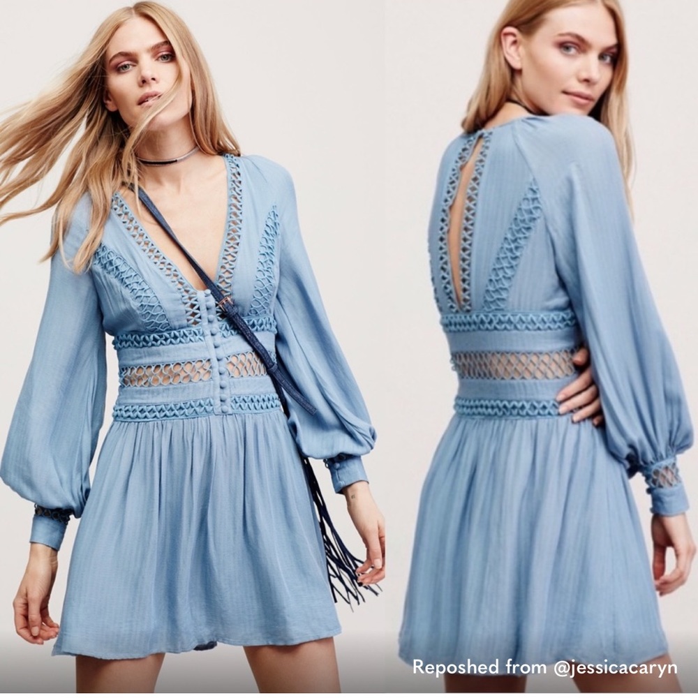 Free People I think I love You Cutout Crochet Blue Mini Dress Boho Greece Vacay